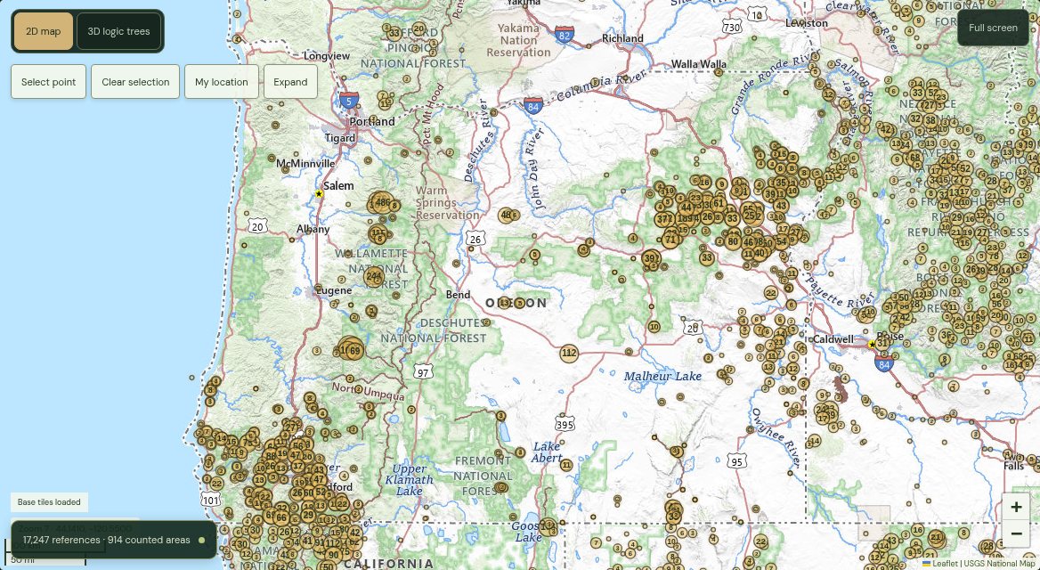 MORI Gold map of Oregon and Idaho with thousands of clustered mine and mineral record markers