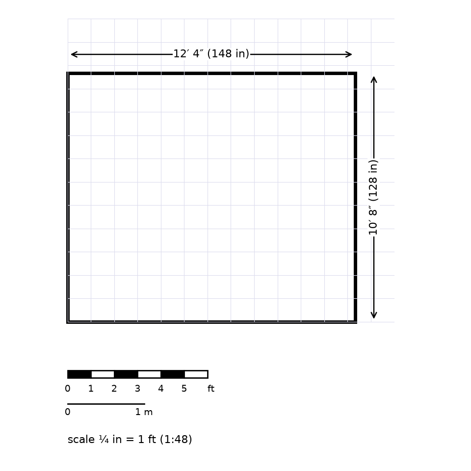 Figure 9.1 · The outline of a room 148 in by 128 in drawn on a grid at ¼ in = 1 ft (1:48), with dimension lines labeled 12′ 4″ (148 in) and 10′ 8″ (128 in). A scale bar below reads 0, 1, 2, 3, 4, and 5 ft, and is also marked in meters.